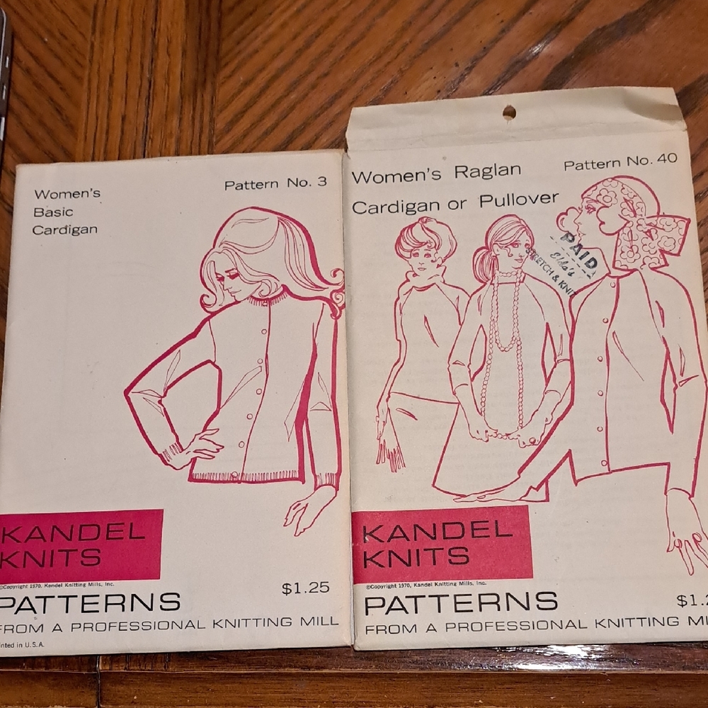 2-Vtg. 1970 Uncut KANDEL  Knit Patterns Cardigan/pullover #40, Basic Cardigan #3